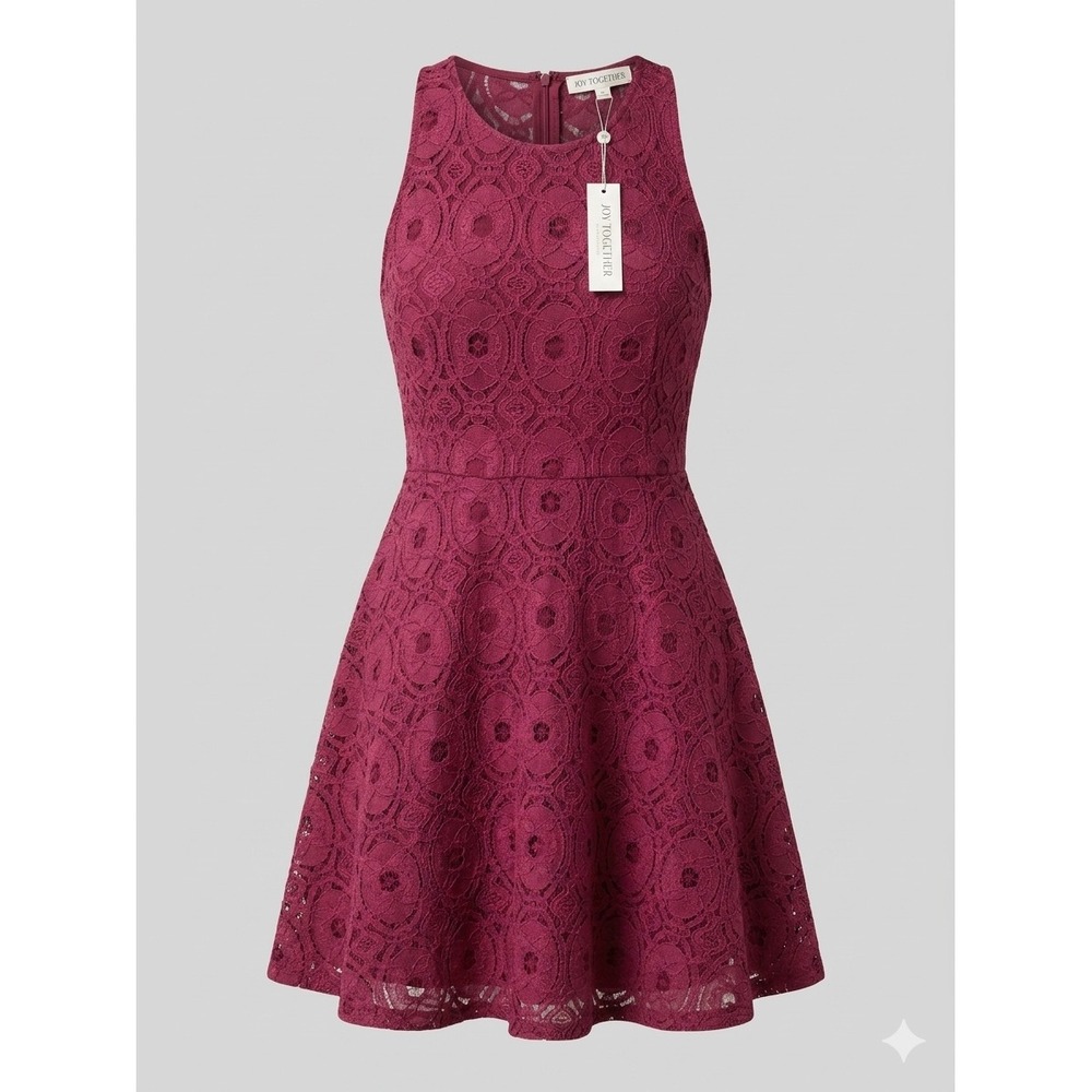 BY TOGETHER Lace Fit & Flare Dress Sleeveless Burgundy Short Geometric Size L